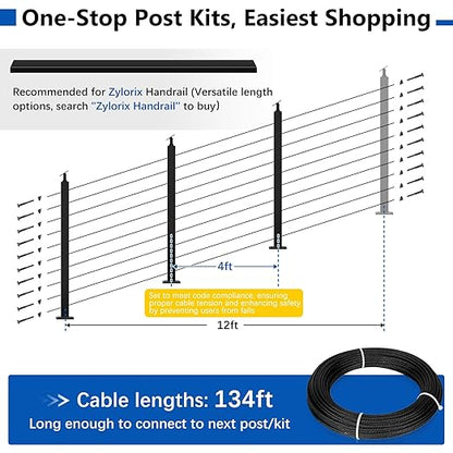 36" Modular 8-12FT Black T304 Stair Cable Railing Post Kit, Cable Railing System with 3 Stair Posts, 134ft 1/8" Wire Rope(No Handrail), Adjustable Length Easy DIY for 28-38° Stairway