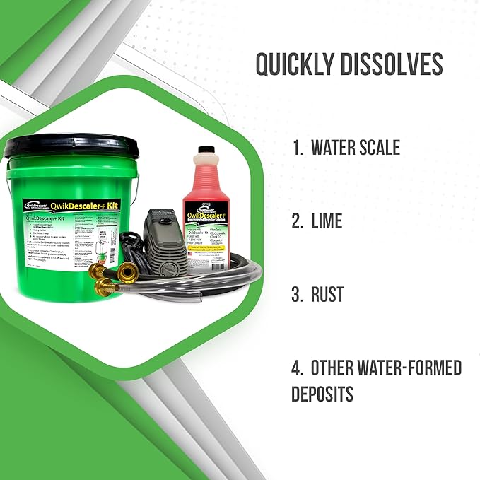 QwikProducts QwikDescaler + Concentrated Descaler Solution, Tankless Water Heater Descaling Solvent for Heat Exchanger, Quickly Dissolves Scale, Lime, Tarnish and Deposits, 1 Quart