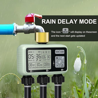 Watering Timer 3 Zone with Brass Inlet, Sprinkler Timer, Programmable Garden Outdoor Hose Faucet Timers with Rain Delay, Auto & Manual Watering System,Water Hose Irrigation Timers 3 Outlet for Garden