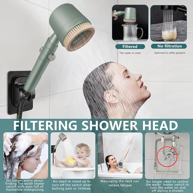 2026Version Turbocharged High Pressure Filtered Shower Head with Handheld & Outlet Soft Brush - 6 Spray Modes, 5-Stage Filtration System, 59" Hose - Chlorine & Hard Water Filter (8 filter cartridges)