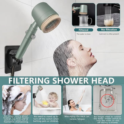 2026Version Turbocharged High Pressure Filtered Shower Head with Handheld & Outlet Soft Brush - 6 Spray Modes, 5-Stage Filtration System, 59" Hose - Chlorine & Hard Water Filter (3 filter cartridges)