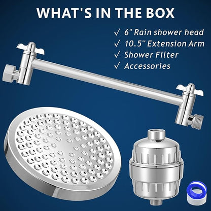 Filtered Shower Head with Extension Arm, High Pressure Rain Showerhead Filter Set for Hard Water Removes Chlorine and Harmful Substances (Chrome)