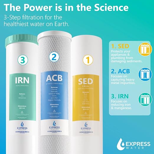 Express Water Whole House Water Filter System, Iron & Manganese 3 Stage Whole Home Filtration, Water Filter Removes Stains on Glassware, Fixtures, Laundry, Reduces Iron & Manganese for Well Water
