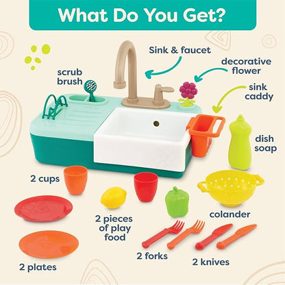 B. toys – Sink Play Set – Toy Kitchen Sink – Faucet & Running Water, Dishes, Play Food – Pretend Play Set for Kids – 3+ Years– Splash-n-Scrub Sink