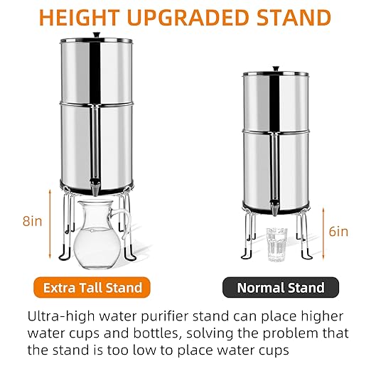 Extra Tall 8" Stainless Steel Gravity-fed Water Filter Stand with Rubber Non-Slip Feet - 9" Diameter, Compatible with Most Medium Size Gravity-fed Water Systems