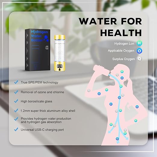 Hydrogen Water Bottle Generator with 4th Generation SPE/PEM Technology, Portable Hydrogen Water Ionizer Machine, Birthday,Xmas Gift for Husband,Wife,Lovers,Friends,Travel (Gold, 9.05in*Φ2.64in)