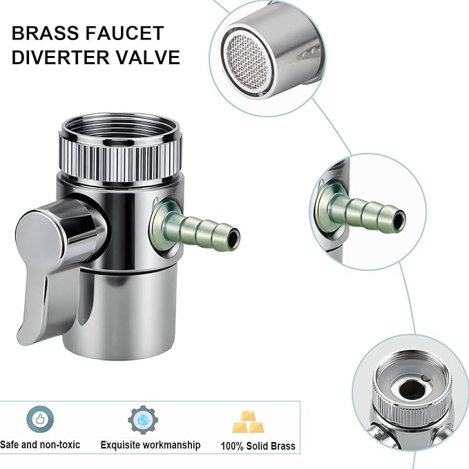 Countertop Water Filter Diverter Valve with Barb Connector, Faucet Diverter Adapter for 6mm, 8mm, 9.5mm Tubing or Hose, Compatible with Standard Kitchen Faucets (6mm barb)