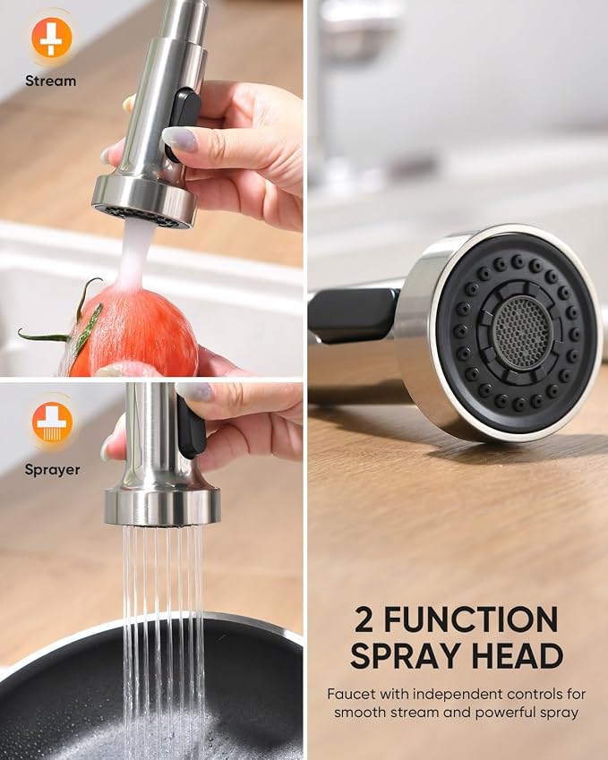 Pull Down Kitchen Faucet with Spring Sprayer, Brushed Nickel — SUS304 Lead-Free Stainless Steel, Single Handle, Fits 1 or 3-Hole Sink with Deck Plate for Farmhouse, RV, Bar, Laundry Room