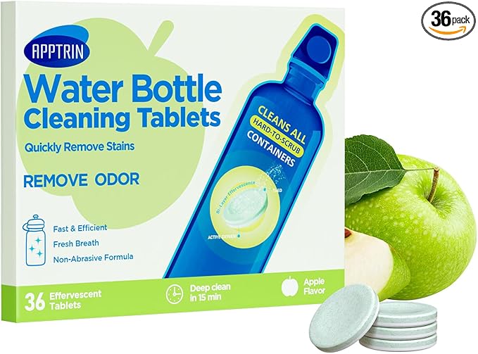 Water Bottle Cleaning Tablets, 36 Pack Bottle Clean Tablet Hydration Bladder Cleansing Tablets for Hydration Bladder, Water Bottle, Individually Packed, Apple Flavor