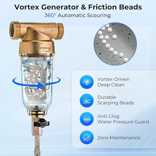 iSpring WSP-50SLS Spin Down Sediment Filter & Water Scale Inhibitor, Whole House Scale & Corrosion Prevention Prefilter, Mesh-Cleaning Scraper-Beads, Flushable Well Water Sediment Buster, 50 Microns