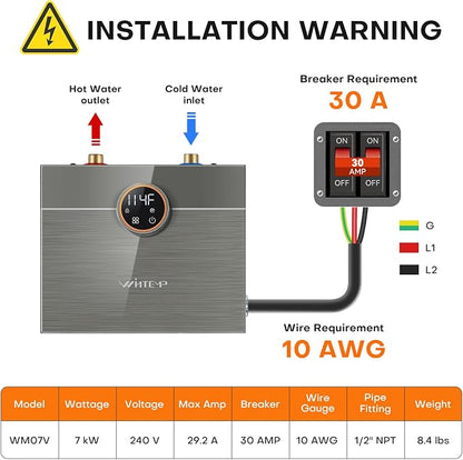 7kW Tankless Water Heater Electric 240V, On-Demand Instant Hot Water | Automatically Maintains Water Temperature Instant Water Heater Under Sink Self-Modulating Technology ETL Certified Eco