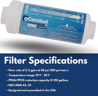 Campbell Ultrafiltration+ Inline Under Sink Filter Kit – Made in USA - High flow: 2.2 GPM. Removes up to 99% of Over 1,000 Harmful Contaminants Including: PFAS, PFOA, and PFAS - NSF 42/53 Certified