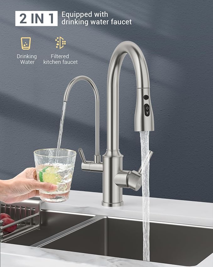 DAYONE Kitchen Faucet with Pull Down Spayer and Water Filter, 3 in 1 Sink Faucet with Drinking Water, 3-Way Kitchen Faucet with Purfied Water Faucet, Cold and Hot Mixer Filter Tap, Brushed Nickel