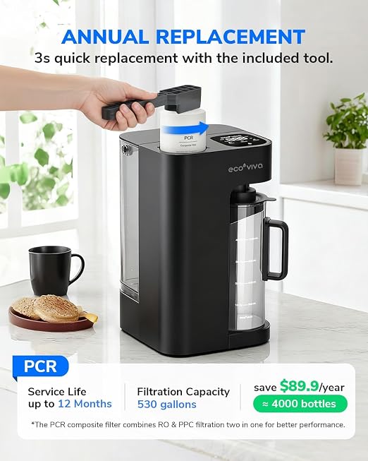 Ecoviva Mate 3 UV Countertop Reverse Osmosis Water Filter with 2 Auto-Fill Pitchers, 9-Stage RO Filtration System, Installation-Free, Reduces TDS, 3:1 Pure-to-Drain Ratio, Home & Kitchen, Black