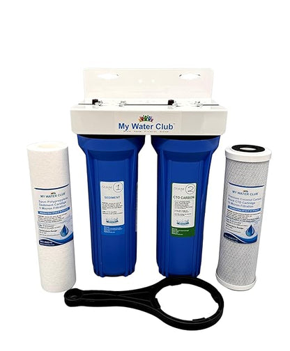 MyWaterClub 2-Stage (Dual Stage) Whole House Water Filtration System, 3/4" Inlet/Outlet, with an Extra Set of Replacement cartridges (Blue Housing Body)