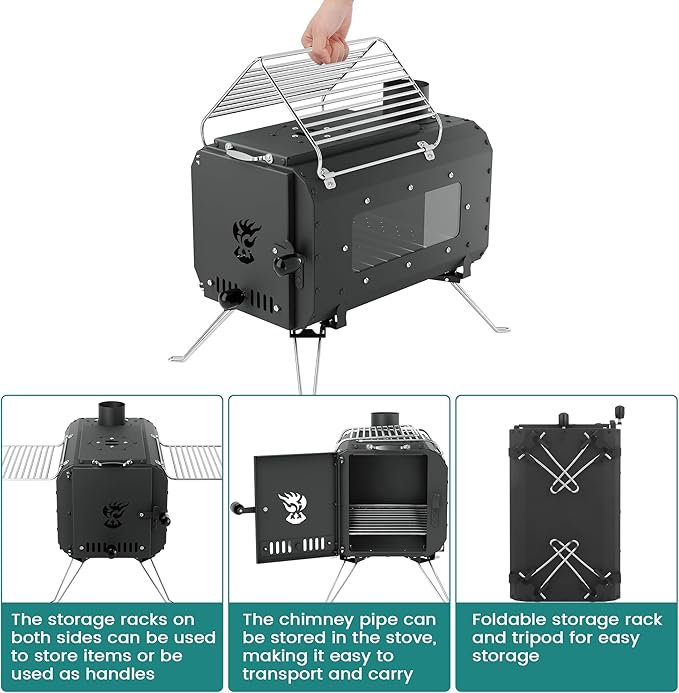 Cast Iron Portable Wood Burning Camping Stove, Compact Tent Stove with Chimney Pipe & View Glass for Ice Fishing, Hiking, Travel, Cookout