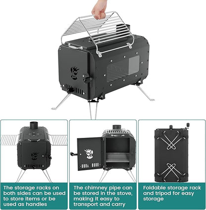Cast Iron Portable Wood Burning Camping Stove, Compact Tent Stove with Chimney Pipe & View Glass for Ice Fishing, Hiking, Travel, Cookout