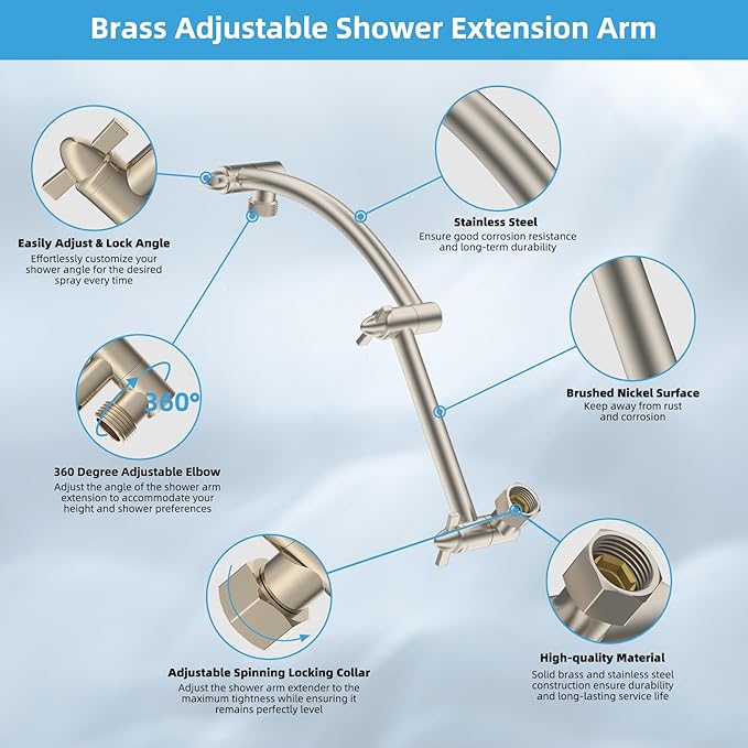 Hibbent All Metal Rain Shower Head, 8'' High Pressure Rainfall Square Showerhead with 16" Shower Extension Arm, Solid Brass Adjustable Shower Arm Extender, Waterfall Fixed Showerheads, Brushed Nickel