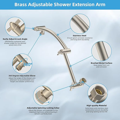 Hibbent All Metal Rain Shower Head, 8'' High Pressure Rainfall Square Showerhead with 16" Shower Extension Arm, Solid Brass Adjustable Shower Arm Extender, Waterfall Fixed Showerheads, Brushed Nickel