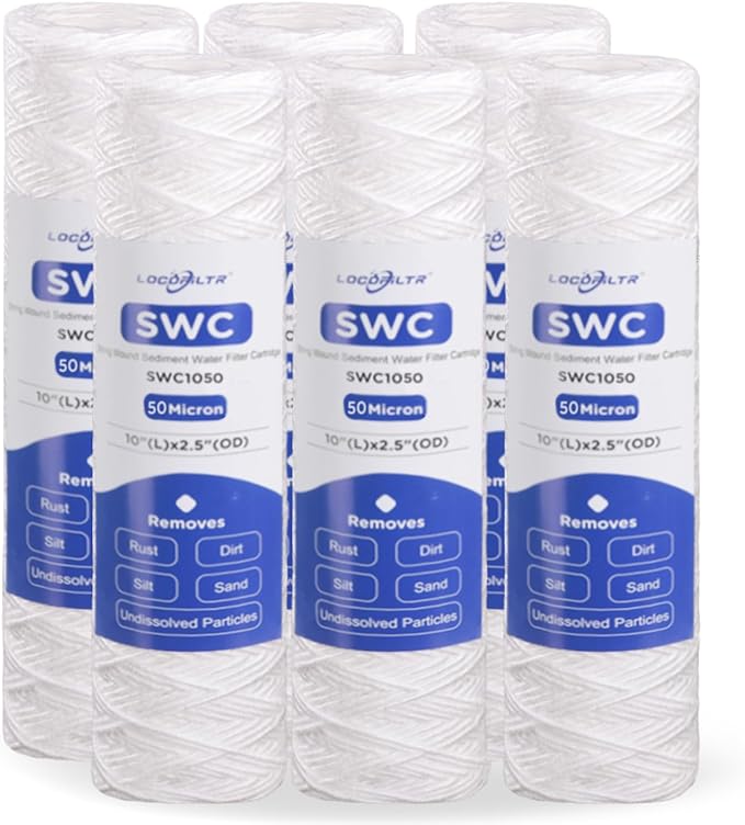 Whole House 50 Micron 10" x 2.5" String Wound Sediment Well Water Filter Cartridge Replacement for CW-50, CW-MF, W50W, SWC-25-1050, SP-CW50, WPP-F10-50, SF50-978, FXWSC, AO-WH-PRE-R2 (Pack of 6)