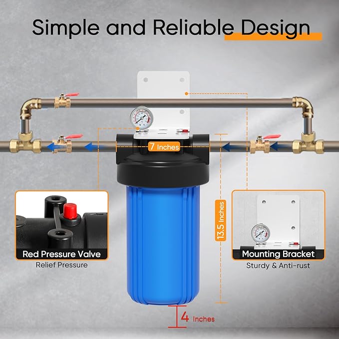 PUREPLUS 1-Stage Whole House Water Filter, with Iron Manganese Reducing Water Filter, for Well Water, 10"x4.5" Universal Housing
