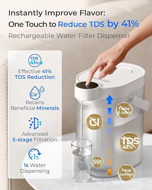 Waterdrop ED25TW Rechargeable Water Filter Dispenser, TDS Reduction，Retain Key Minerals, Instantly Improve Flavor, 15-Cup 5-Stage Portable Countertop Water Filtration System with 1 Filter, White