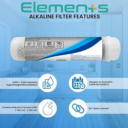 Metpure Elements Inline Antioxidant Alkaline Water Filter 11" x 2.5" with 1/4" Quick Connects Replacement or Add-on for pH Balance and Restore Minerals in Reverse Osmosis RO System