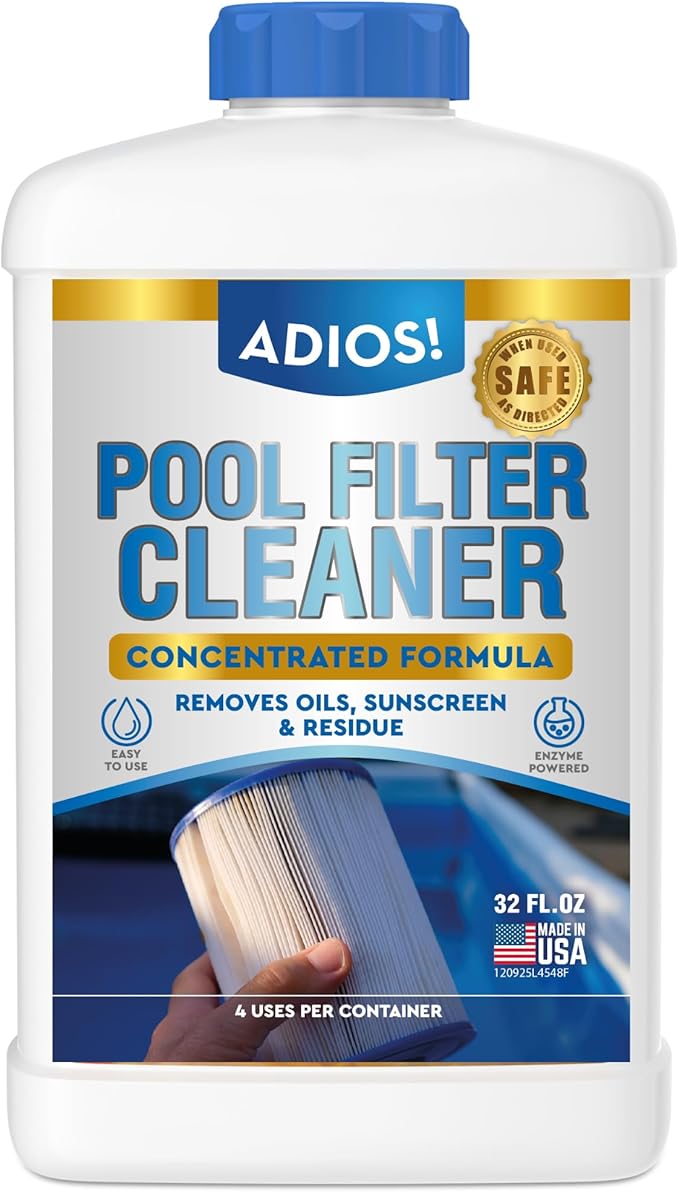 ADIOS! Pool Filter Cleaner, Deep Cleaning Soak Solution for Cartridge, Sand and DE Filters – Degreases and Restores Media (32oz)