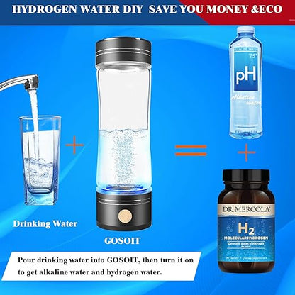 Hydrogen Water Bottle Generator Hydrogen Water Maker Machine Hydrogen Water Ionizer with SPE and PEM Technology Make Hydrogen up to 800-1500 PPB 17oz Black