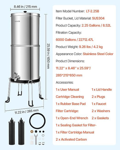 VEVOR Gravity-fed Water Filter System, 2.25G 304 Stainless-Steel Countertop Water Filtration System, Reduces Lead and up to 99% of Chlorine, with 2 Carbon Filters, Spigot, and Stand, for Home Camping