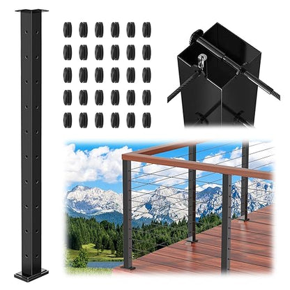 36" T304 T-drilled Cable Railing Corner Post(Post 35"x2"x2"), Modular Three Sides Wire Railing Post with Cable Grommets, Fixed Top Mount Stainless Steel Black Finish Deck Staircase Post