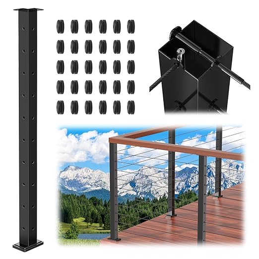 36" T304 T-drilled Cable Railing Corner Post(Post 35"x2"x2"), Modular Three Sides Wire Railing Post with Cable Grommets, Fixed Top Mount Stainless Steel Black Finish Deck Staircase Post