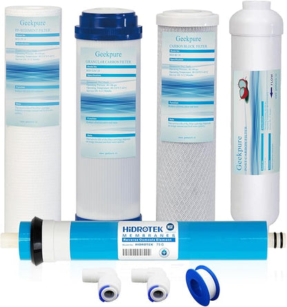 Geekpure 5 Stage Reverse Osmosis Replacement Filter Set with 75 GPD Membrane -2.5 x 10 Inch