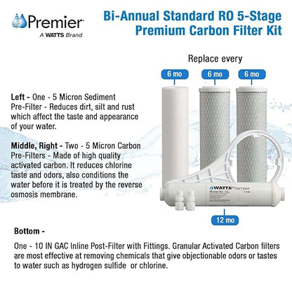 Watts Premier Bi-Annual Standard RO 5-Stage & 6-Stage Premium Carbon Block Filtration Kit for Reverse Osmosis System, Sediment Filter, 2 Carbon Pre-Filters, 10" GAC Inline Post-Filter, Housing Wrench