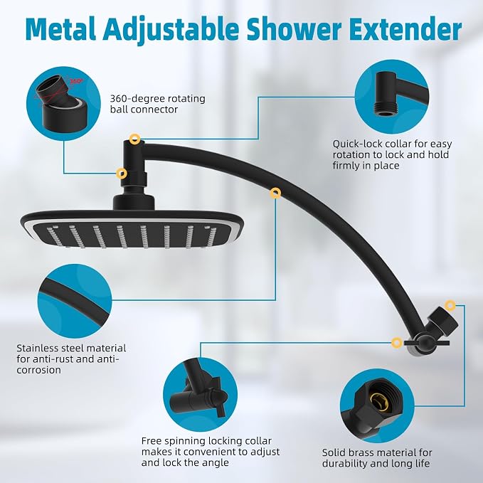 iFealClear Black Rain Shower Head with 12" Shower Extension Arm, 10" High Pressure Boosting Rainfall/Fixed Showerhead, All Metal Shower Arm Extender Adjustable Height/Angle, 1-Min Install-Easy Clean
