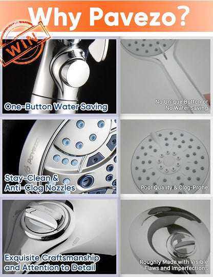 Pavezo® High Pressure Handheld Shower Head with Filter, ON/OFF Switch Pause Button, 10-mode Shower Head with Hard Water Softener Filters, SS Hose, Anti-clog & Powerful Clean Tile & Pet, Premium Chrome
