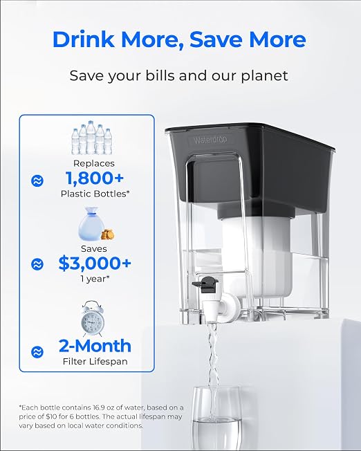 Waterdrop WFD-03L Water Filter Dispenser, TDS Reduction, 35-Cup, White | 6-Stage Advanced Filtration, Large Capacity with 1 Filter, Reduce Chlorine, PFOA/PFOS and More for Healthier