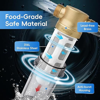 PureDrop PDR-50WSP Spin Down Sediment Filter, Reusable Whole House Sediment Water Filter for Well Water, 50-Micron Flushable Prefilter Filtration System with Scraper, 1" MNPT + 3/4" FNPT
