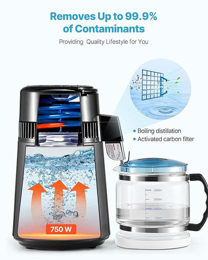 VEVOR Water Distiller, 4L /1.1 Gallon Pure Water Distilled for Home Table Countertop, 750W Distilling Maker with Glass Carafe, Stainless Steel Interior Drinking Machine to Make Clean Waters, Grey