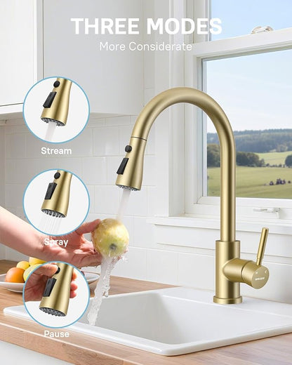 WEWE Kitchen Faucet with Pull Down Sprayer and Soap Dispenser, Gold High Arc Single Handle Stainless Steel Sink Faucet, Suitable for Farmhouse, RV & Laundry