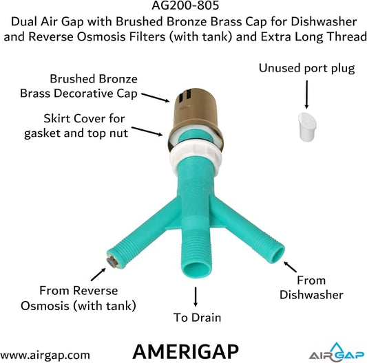 Dual Air Gap with Brushed Bronze Brass Cap for Dishwasher and Reverse Osmosis Filters (with tank) and Extra Long Thread (AG200-805, AG200-X05, AMERIGAP)
