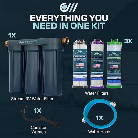Stream RV Water Filter - Oasis Water Technologies Boat RV Filtration System - 3-Stage Camper Filtration for Iron, Heavy Metals, Sediment – Easy-to-Install Compact Filters for Boats, RVs - Made in USA