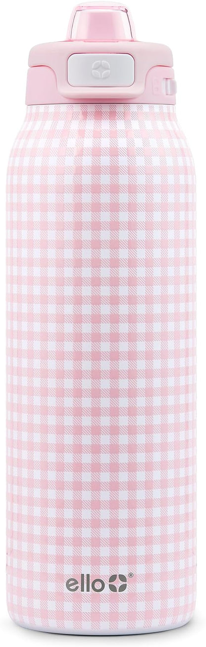 Ello Pop & Fill 32oz Stainless Steel Water Bottle with QuickFill Technology, Double Walled and Vacuum Insulated Metal, Leak Proof Locking Lid, Straw and Chug, Reusable, BPA Free, Pink Gingham