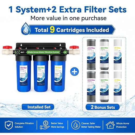Whole House Filtration System,3-Stage Whole House Water Filter System,Reduces Chlorine Odor Bad Taste, Improves Skin Health, 3/4" Ports with 2 Valves, Extra 2 Sets of Replacement Filters