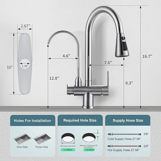 Kitchen Faucet with Water Filter Faucet, Brushed Nickel Stainless Steel Drinking Water Faucet, High Arc 2 Handle Kitchen Sink Faucet with Pull Down Sprayer for Kitchen Sink Farmhouse Bar