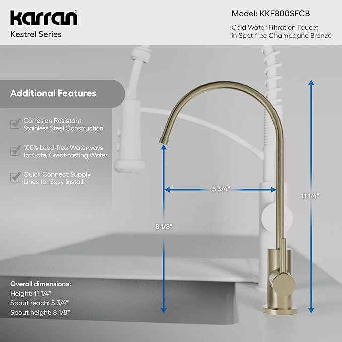 Karran Kestrel Single-Handle Filtered Water Faucet in Bronze 100% Lead-Free Brass, RO/Filtration System Ready, 360° High-Arc Spout, Spot-Free Finish Beverage Faucet (Spot Free Champagne Bronze)