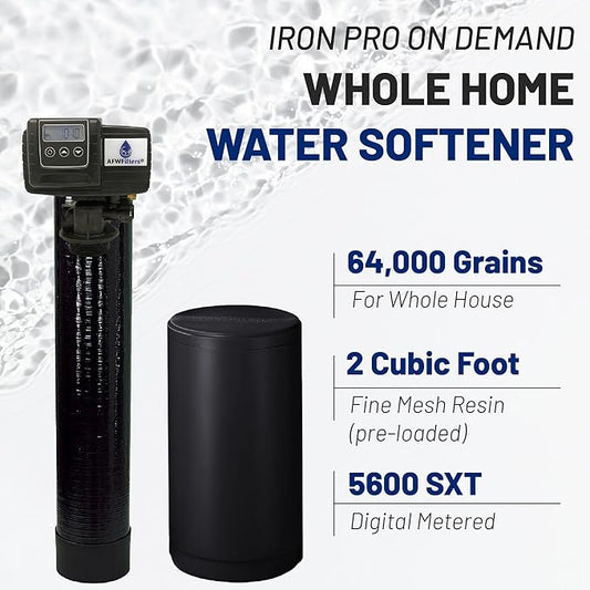 AFWFilters Iron Pro 2 Combination Water Softener Iron Filter Fleck 5600SXT Digital Metered Valve 64,000 Grain - High Flow for Whole House Use - Removes Hardness, Iron, Manganese, Sediment, Rust