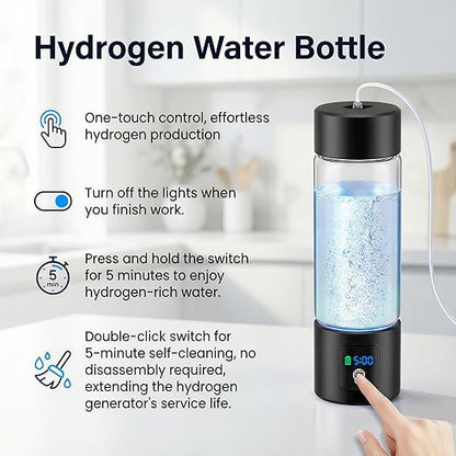 Hydrogen Water Bottle Generator with Display - 5-Min 3000PPB+ Nano Bubble H2 Infusion - pH7.8 Alkaline Water, 460ml Leak-Proof Design with Type-C Charging, Suitable for Fitness, Outdoor and Office Use