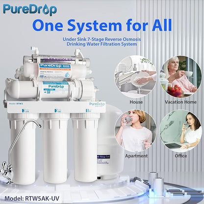 PureDrop RTW5AK-UV SGS-Tested Reverse Osmosis Water Filter System with Alkaline Remineralization & UV Filter, 7-Stage Under Sink RO Water Filtration System Plus Extra 3 Filters, 50 GPD