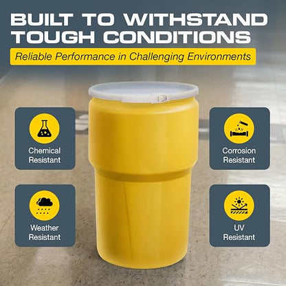 Eagle Plastic Drum, 14 Gallon Drum, DOT Compliant, Made in USA, Yellow | High-Density-Polyethylene Construction, Open Head Lab Pack Drum, Plastic Lever-Lock Lid, Hazardous Material Storage,Transport